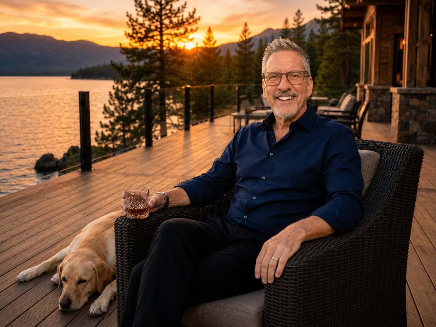 David E. Temple on a Lake Tahoe deck at sunset with his dog